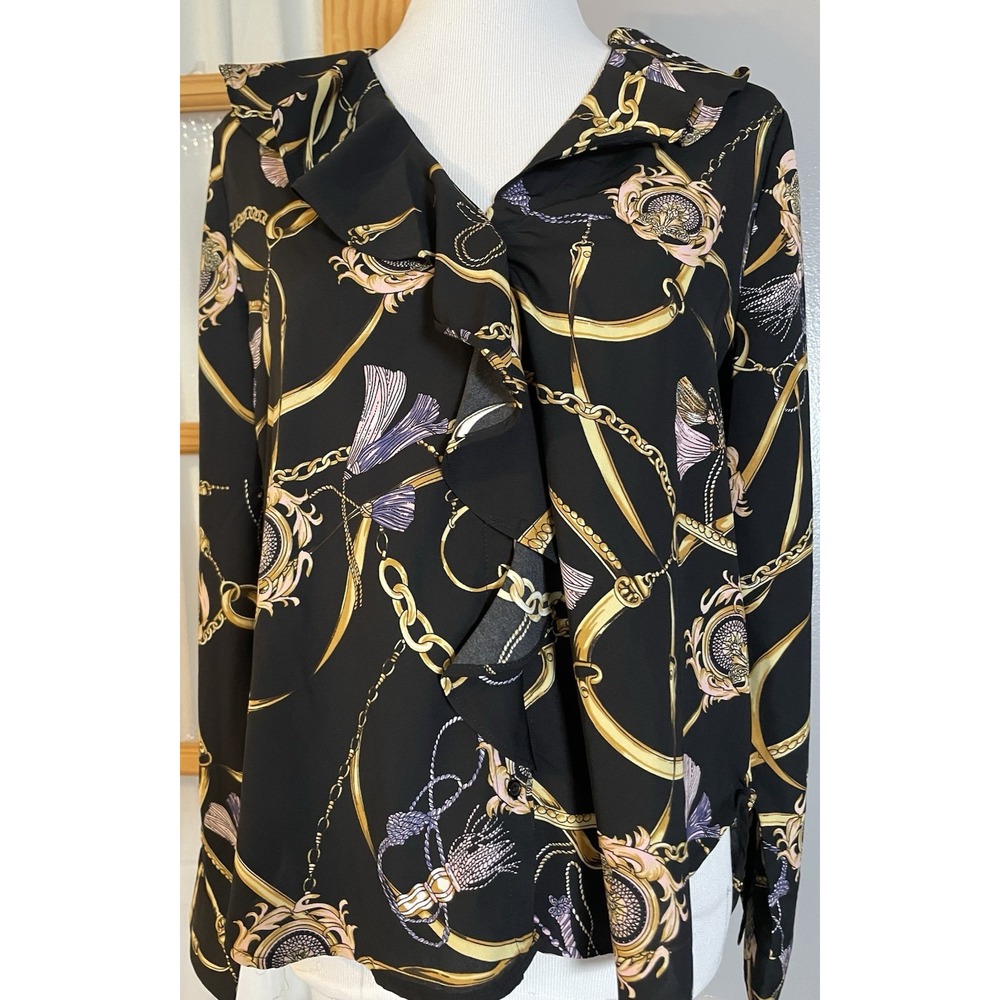 OVI Rope Chain Link Button Blouse Sz M Black Gold Ruffles High-Low Career City
